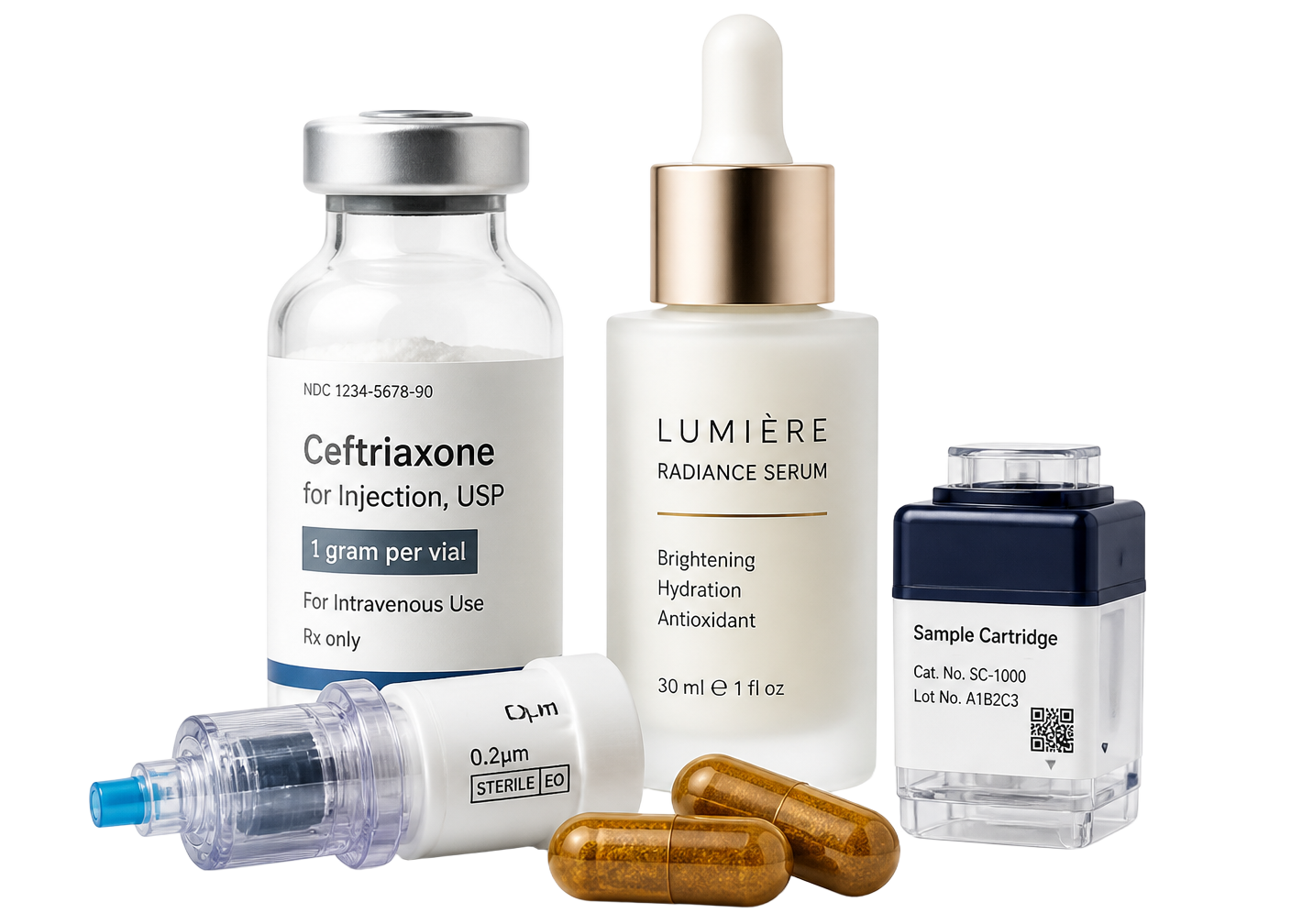 Pharmaceutical vial, sterile device component, nutraceutical capsules, cosmetic serum and a diagnostic sample cartridge